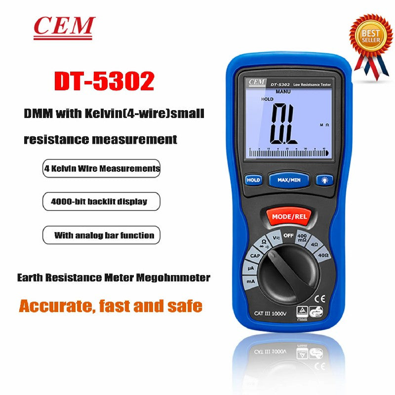 CEM DT-5302 Low Resistance Tester Professional Digital Grounding Resistance Tester Insulation Tester Four-Wire Milliohm Meter