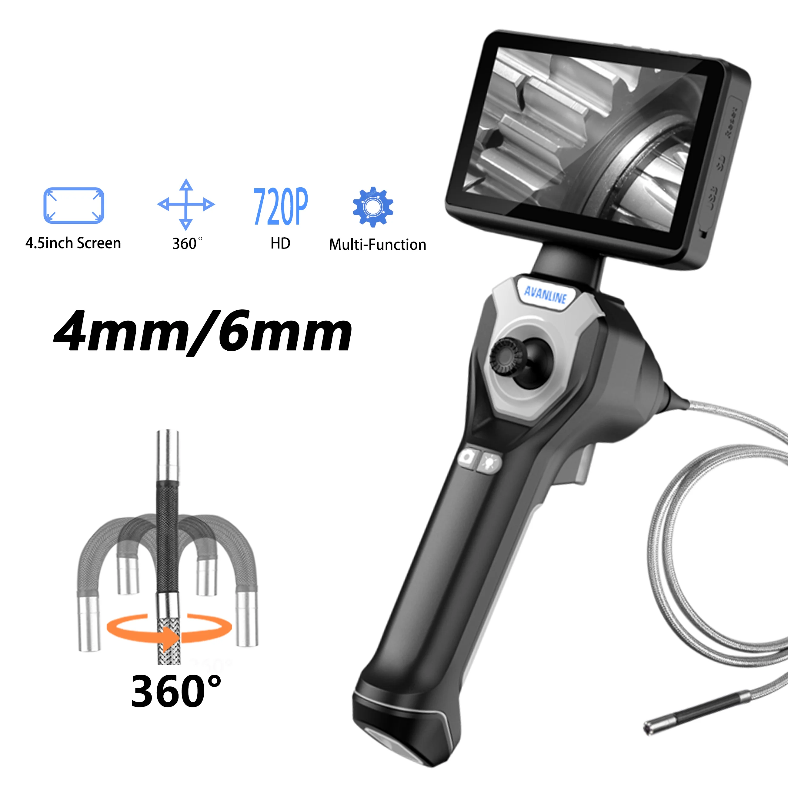 4mm 360° Articulating Borescope 4.5 inch Industrial Endoscope 720p 8Leds Multifunctiona 46mm 1M