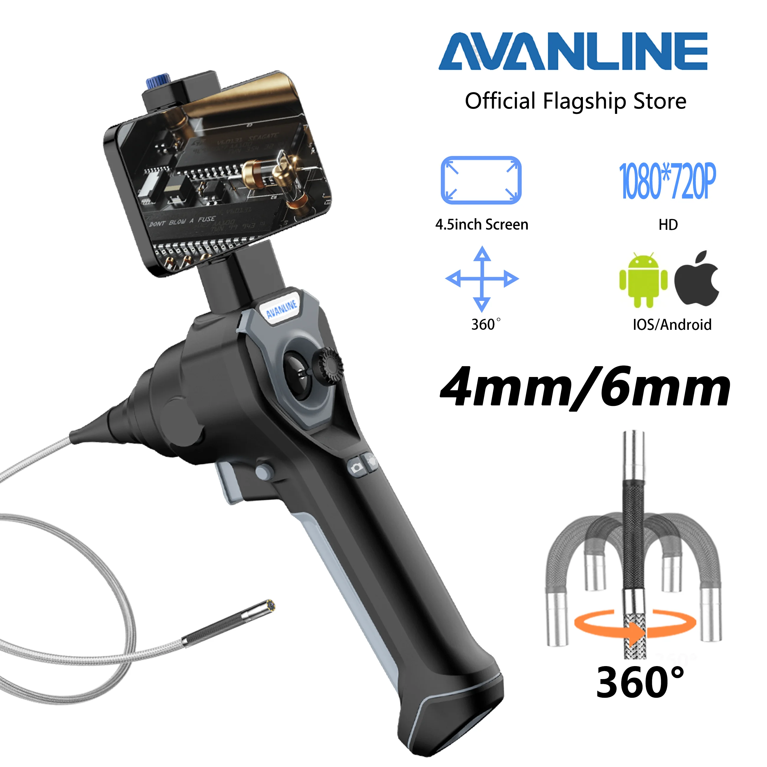 4mm 360° Articulating BorescopeI OS Android Industrial Endoscope 720p 8Leds Multifunctional 1M