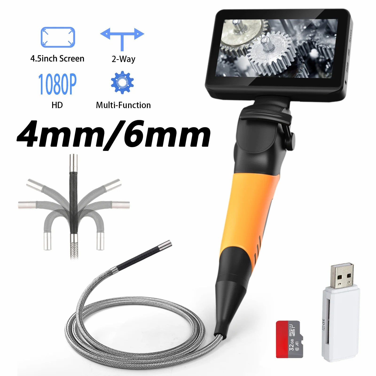 4mm 2-Way Articulating Endoscope 4.5 inch Screen Industrial Borescope 720p 8 Leds Multifunctional 1M For Cars Customizable Length
