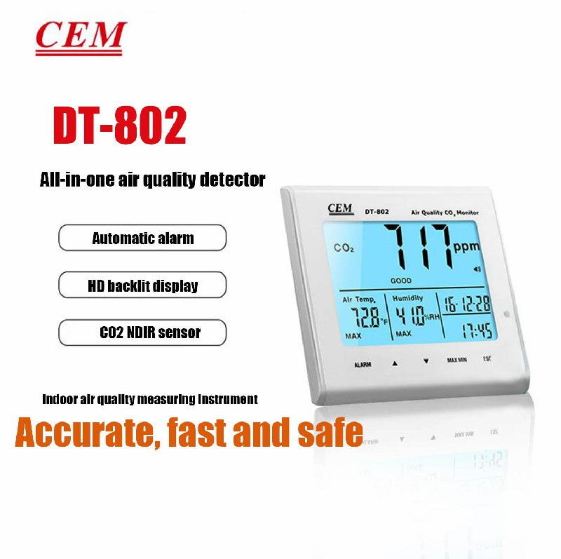 CEM DT-802 Indoor Air Quality Detector Desktop Carbon Dioxide Detector Temperature & Humidity Desktop Recording CO2 Gas Detector