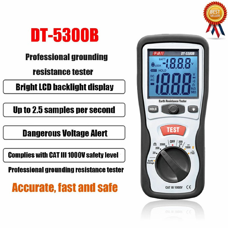 CEM DT-5300B Earth Ground Resistance Testers Backlight Low Battery Indication Digital Display Megohm Resistance Meter Universal