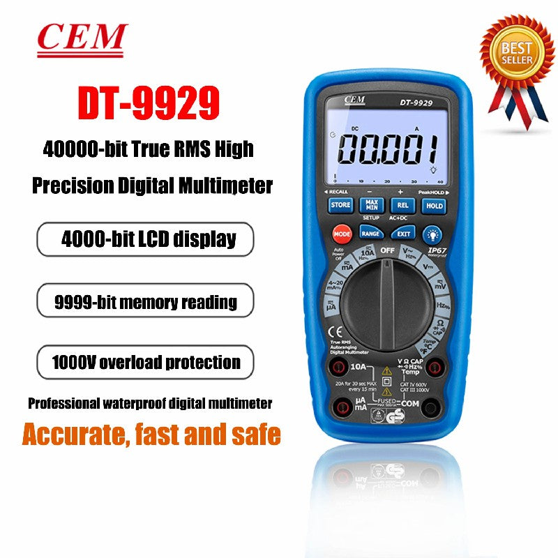CEM DT-9929 Electrical Digital Multimeter Auto Range Current Voltage Resistance Test 4000 Bit Overload Protection True RMS