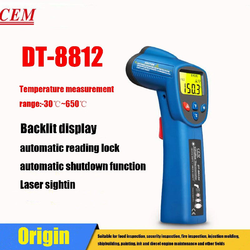 CEM DT-8812H High Precision Industrial Infrared Thermometer Portable Point Thermometer Temperature Gun 50~650℃ LCD Display