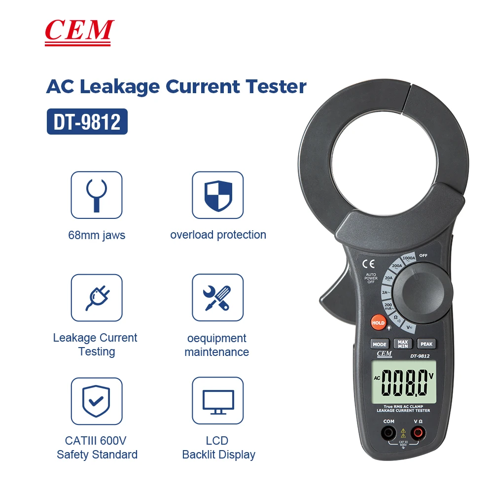 CEM DT-9812 1000A AC Leakage Current Tester Clamp Meter With Peak Hold Function