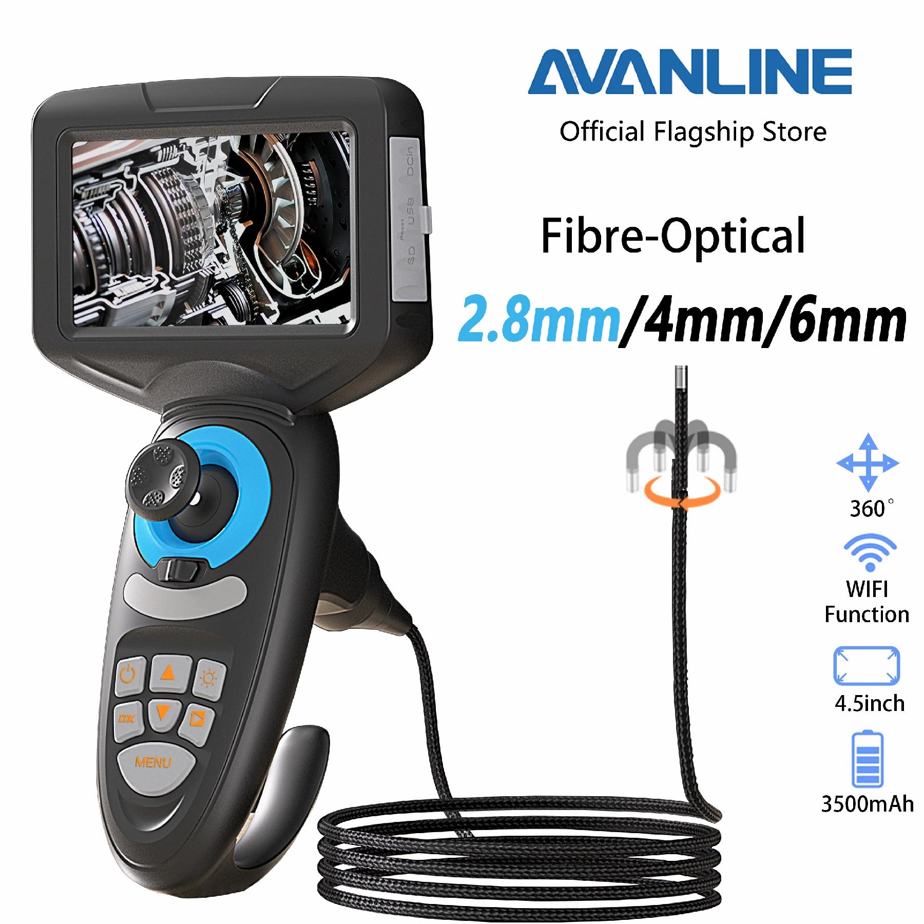 2.8mm Fibre-optical 360 Degree Articulating Borescope 4.5 inch WIFI function Industrial Endoscope 2.8mm 4mm 6mm 1M