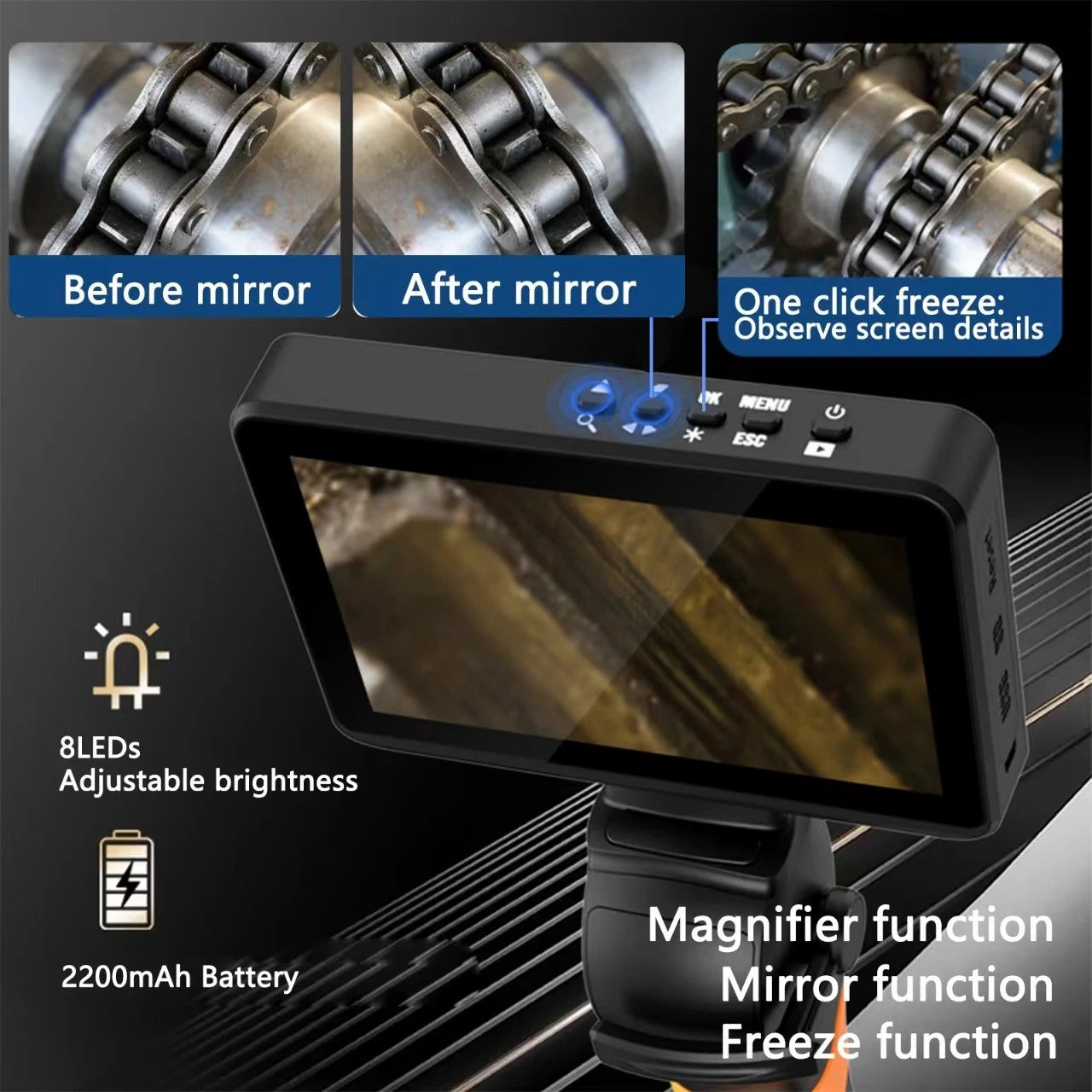 4mm 2-Way Articulating Endoscope 4.5 inch Screen Industrial Borescope 720p 8 Leds Multifunctional 1M For Cars Customizable Length