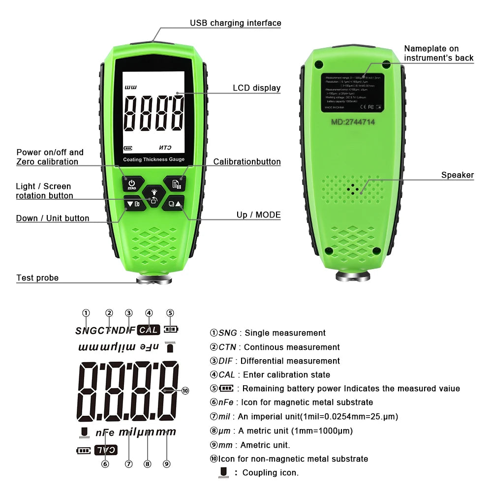859 Coating Thickness Gauge Car Paint Film Thickness Tester Measuring 0-1300 FENFEl Automotive Paint Instrument