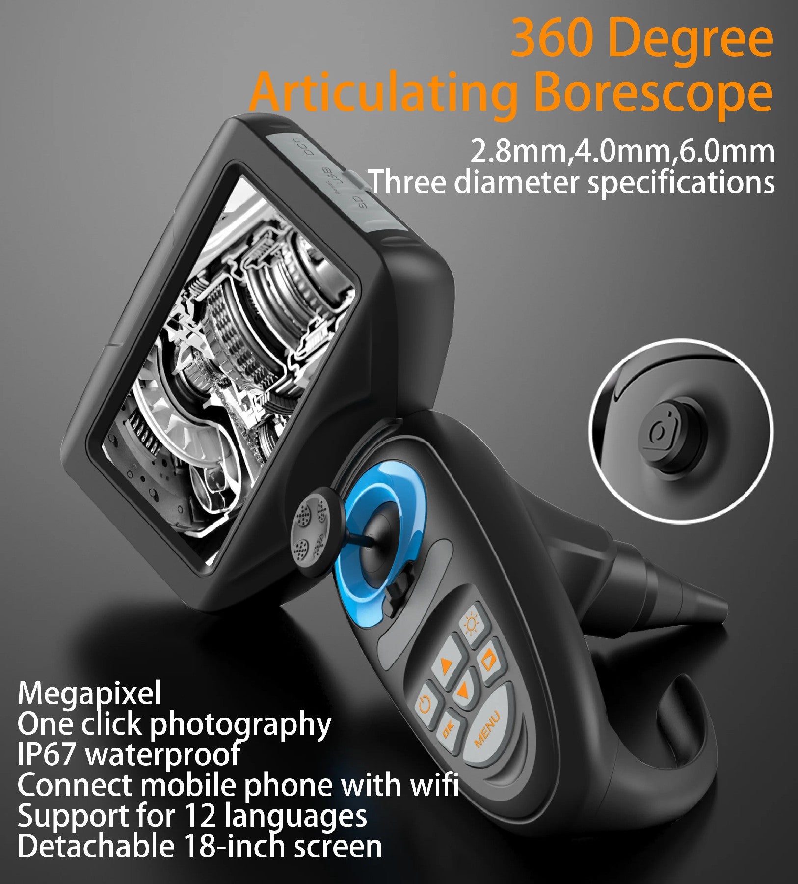 2.8mm Fibre-optical 360 Degree Articulating Borescope 4.5 inch WIFI function Industrial Endoscope 2.8mm 4mm 6mm 1M