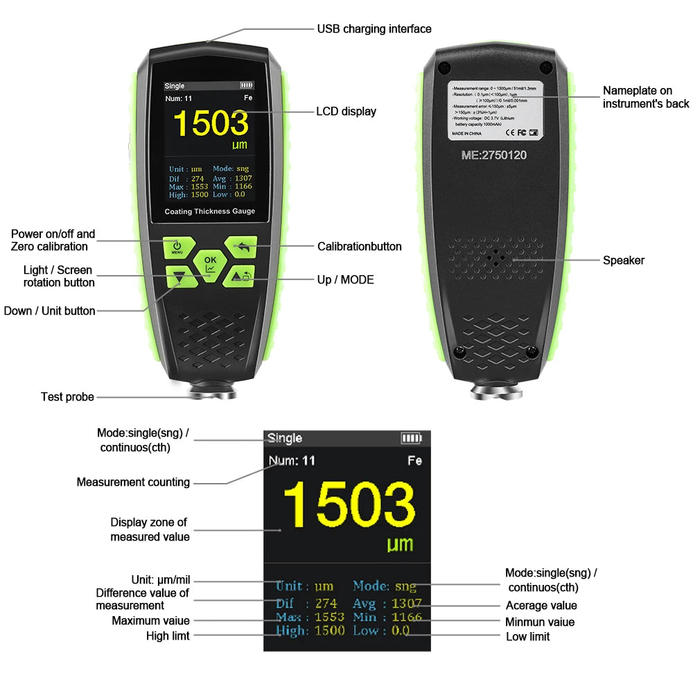 860 Coating Thickness Gauge For Car Digital Meter 0-1300 Tool Automotive Paint Thickness Measurement FNF Automatic Detection