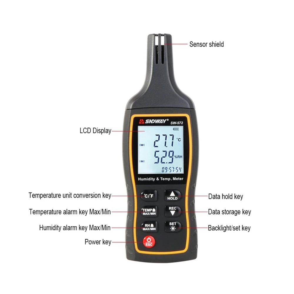 SW-572 High Precision Humidity Temperature Sensor Meter Backlight Data Storage Thermo-Hygrometer Digital Thermometer