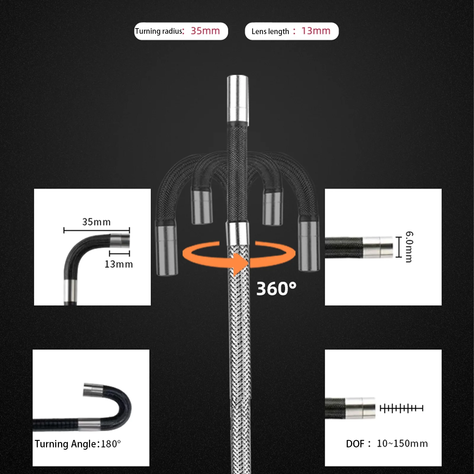 4mm 360° Articulating BorescopeI OS Android Industrial Endoscope 720p 8Leds Multifunctional 1M