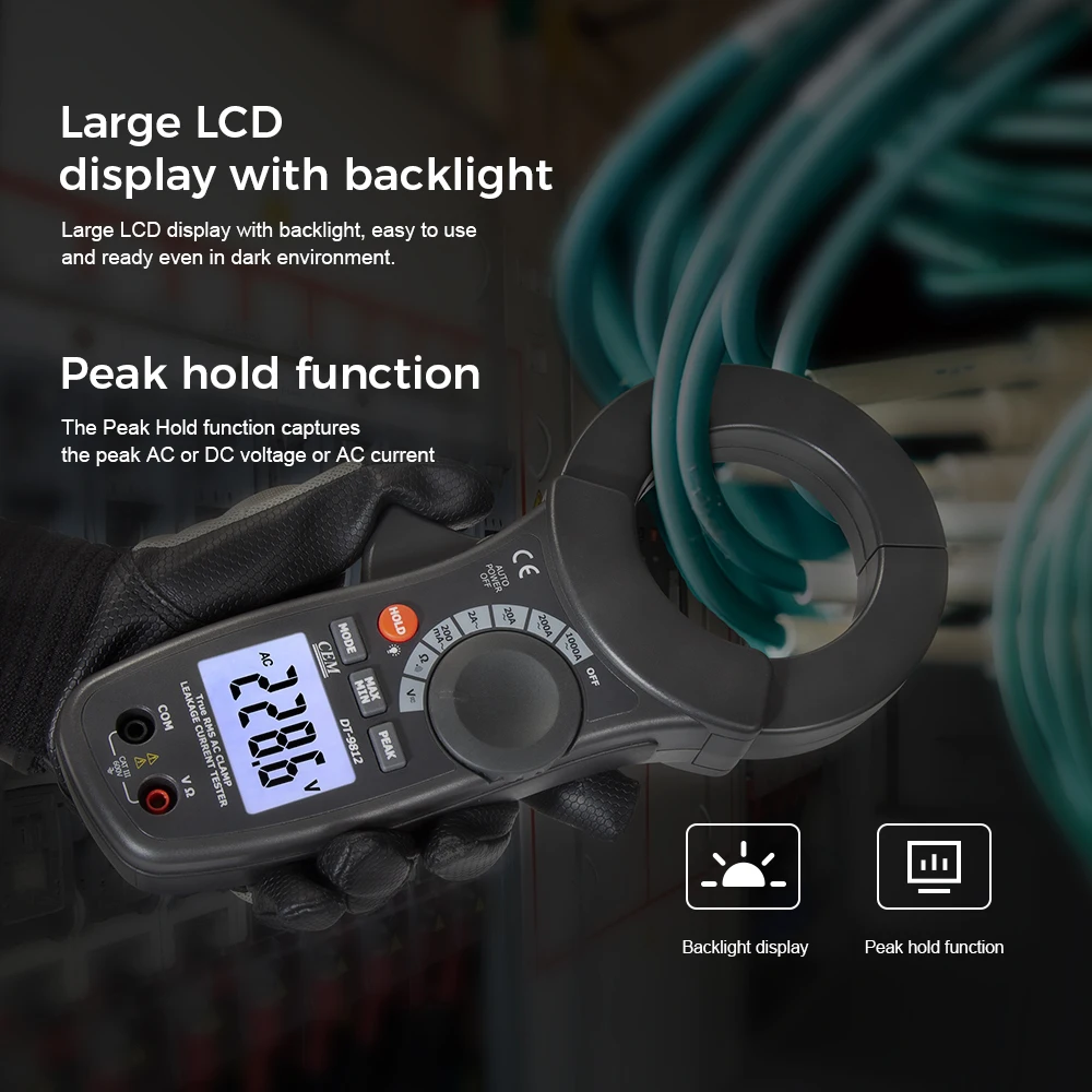 CEM DT-9812 1000A AC Leakage Current Tester Clamp Meter With Peak Hold Function