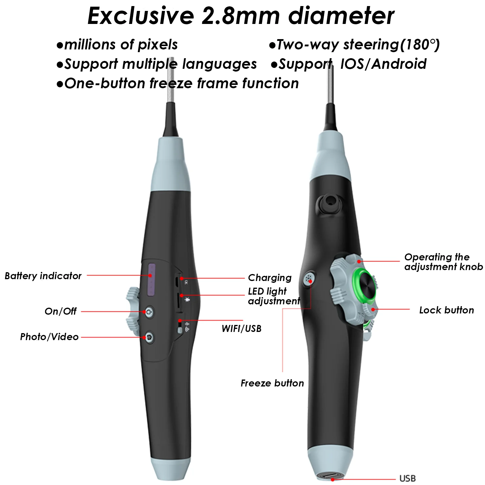WiFi 4mm Articulating Borescope 2-way Hotspot Industrial Endoscope Human Engineering 720p 6LEDs IOS Android PC1M