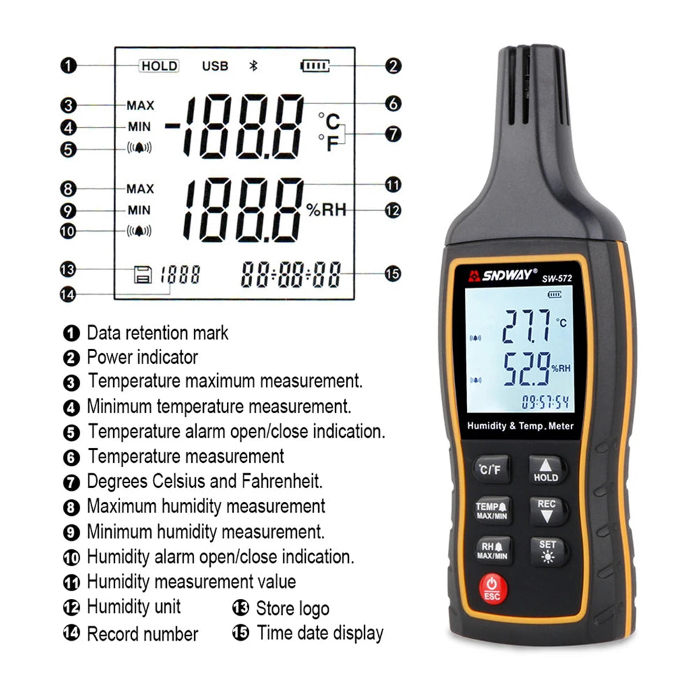 SW-572 High Precision Humidity Temperature Sensor Meter Backlight Data Storage Thermo-Hygrometer Digital Thermometer