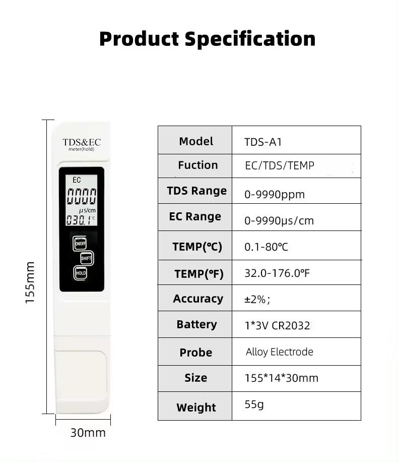 TDS - A1 Water Quality Tester Pen, Accurately Detects EC/TDS/TEMP, Features ±2% High - precision Temperature Measurement, With Alloy Electrodes, Compact and Portable Water Quality Monitoring Tool