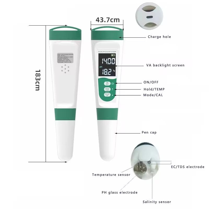 MF-M51 Multifunctional Water Quality Tester Pen, Backlit Digital Display, Accurately Measures pH and Temperature, Visible at Night